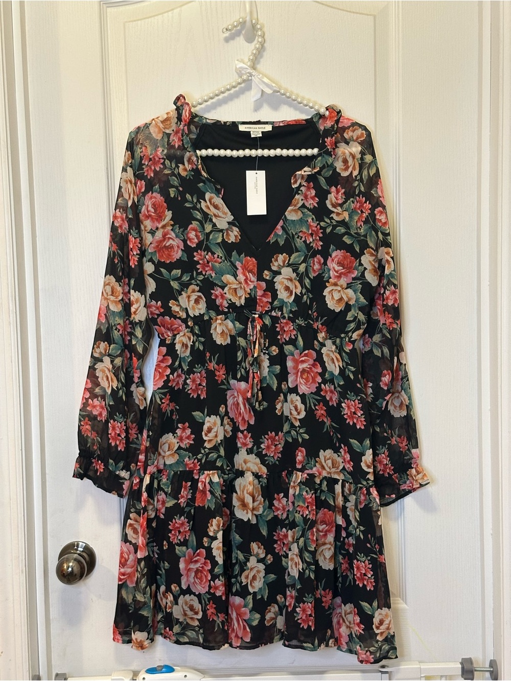 American Eagle Outfitters Black Floral Long Sleeve Ruffle Dress